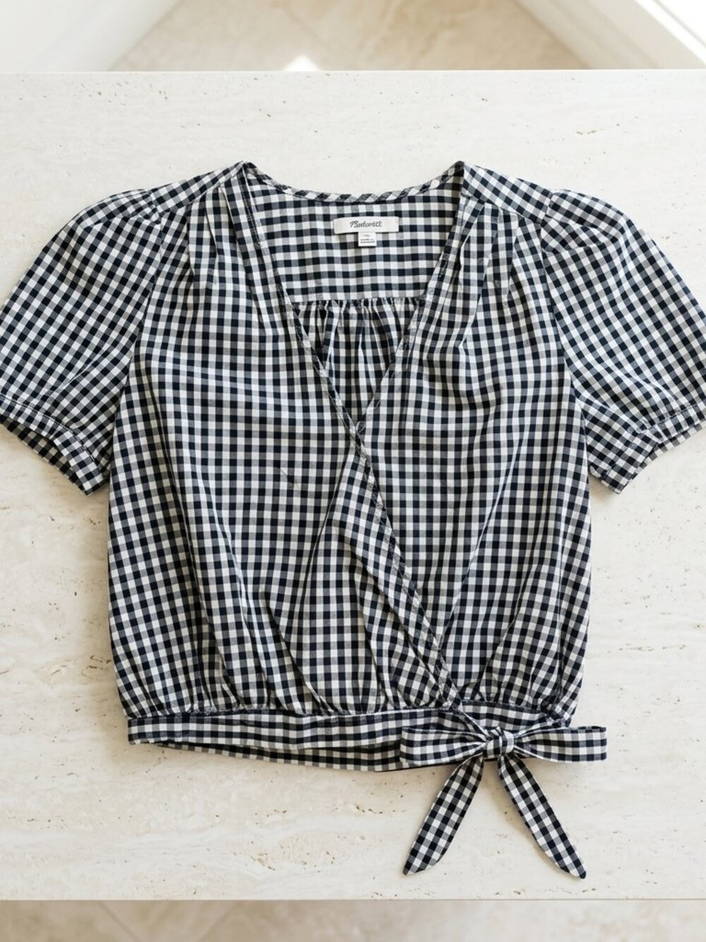 Madewell Gingham Wrap Top Women's Medium Black White Plaid Tie Front Blouse - Picture 3 of 6